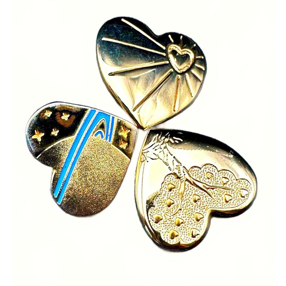 Brooch/Pin Set of 3 Gold-Tone Hearts - Sun, Tree and Universe of Hearts
